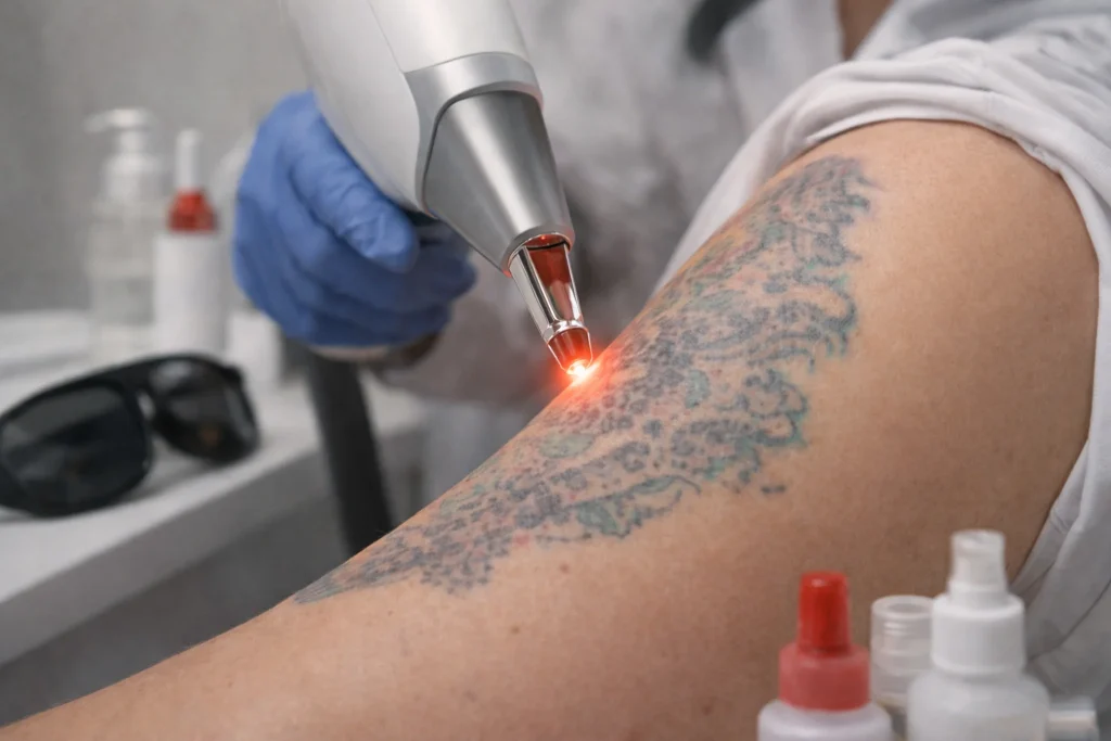 Close up of a laser device treating a faded tattoo on an upper arm while a technician wearing blue gloves performs the session.
