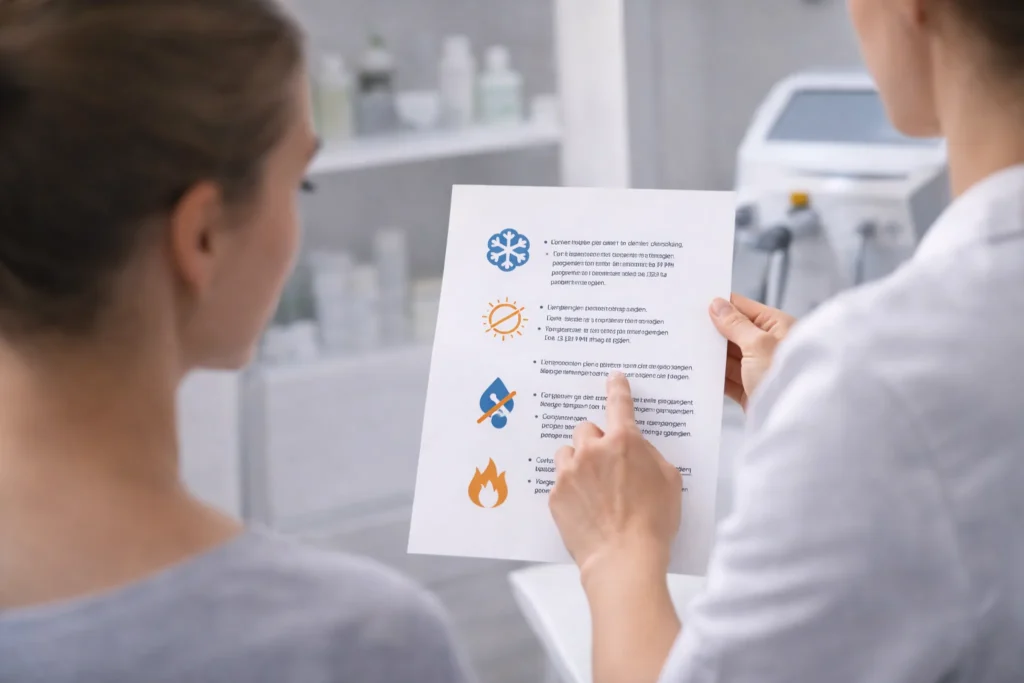 Uitleg over nazorg instructies na laserbehandeling in kliniek