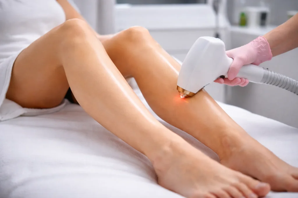 Laserbehandeling op onderbenen in kliniek met professionele apparatuur