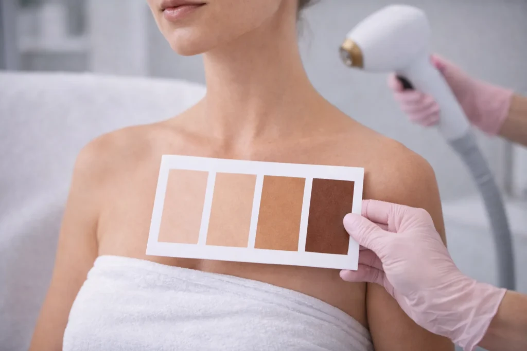 Consult bij laserkliniek waarbij specialist onderhoudsplanning bespreekt met cliënt op tablet.