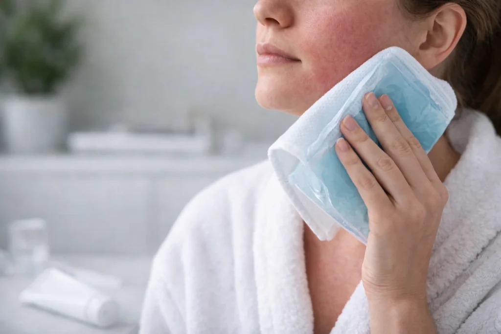 Koelen van rode huid na laserbehandeling met cold pack tegen warmte en irritatie